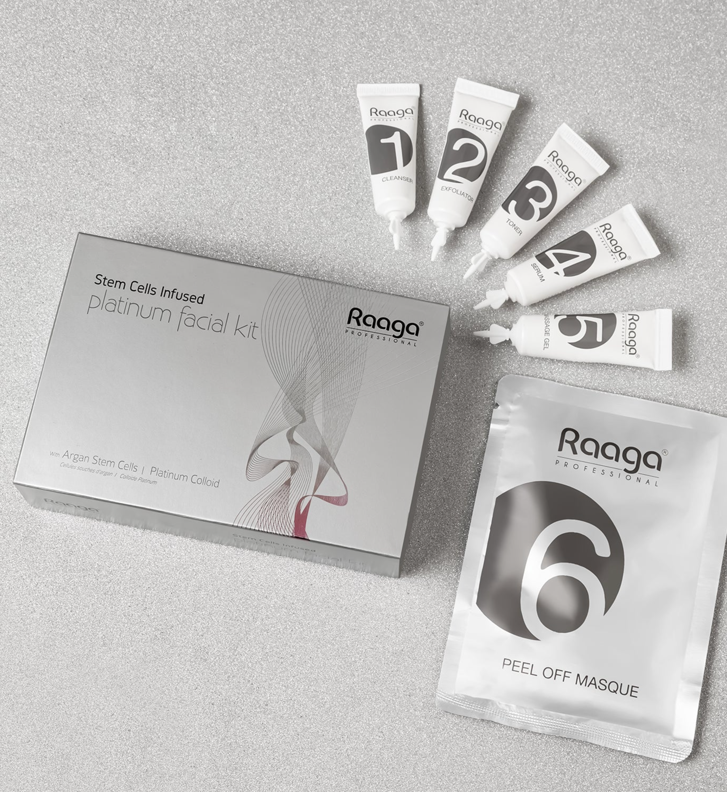 Raaga Professional Stem Cells Infused Platinum 6 Step Facial Kit | Platinum Colloid, Argan Stem Cells | Restores Skin's Moisture (61 gm) Raaga Professional