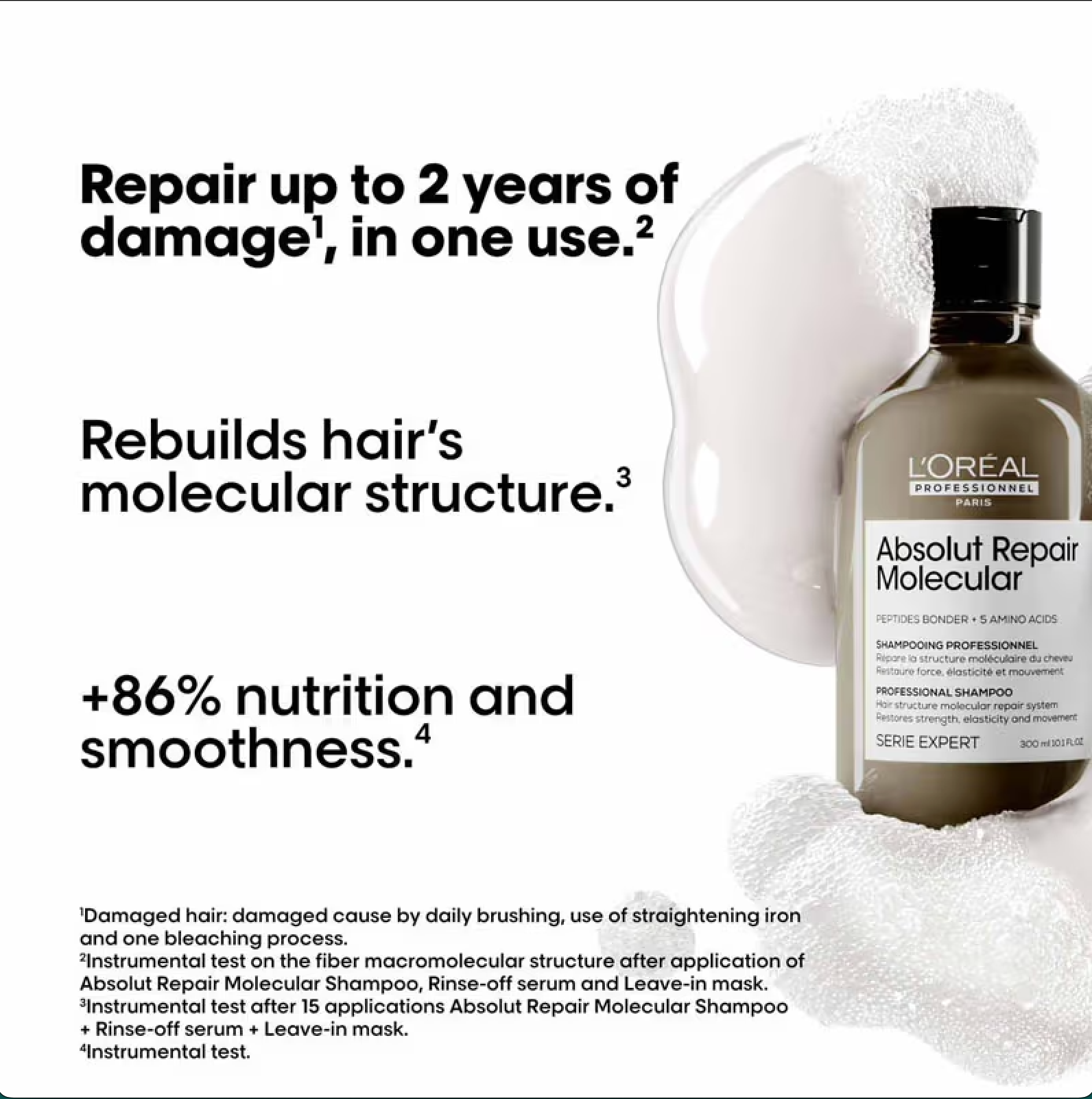 L'Oreal Serie Expert Absolut Repair Molecular shampoo bottle with text highlighting its benefits on a white background.