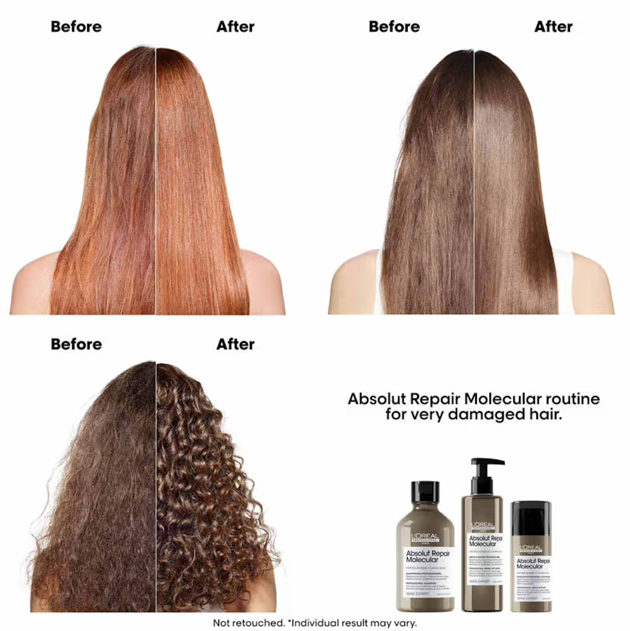 Before and after hair treatment comparison with product bottles labeled 'Absolut Repair Molecular routine'.