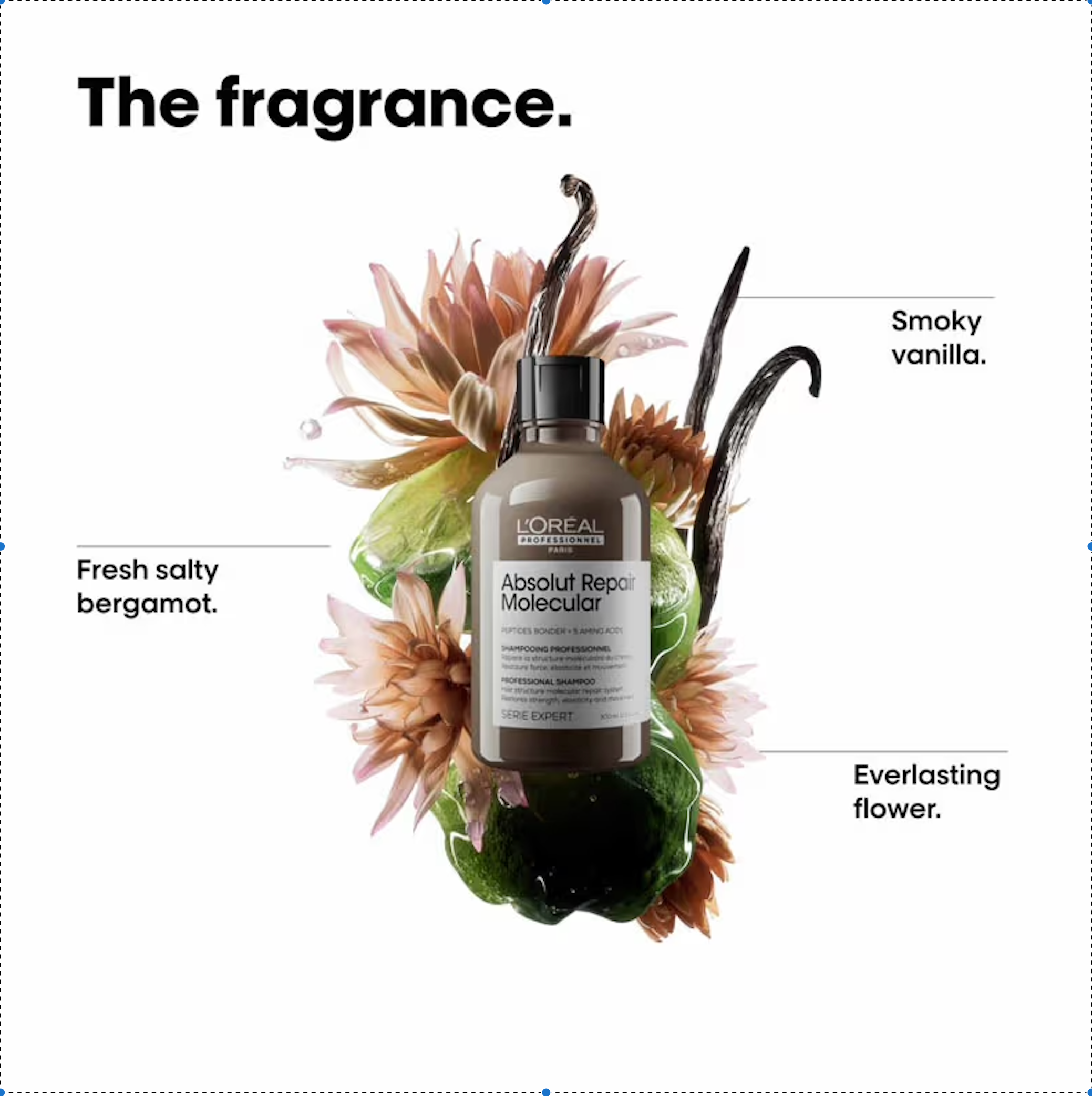 L'Oreal Absolut Repair Molecular bottle surrounded by flowers with descriptive text on a white background