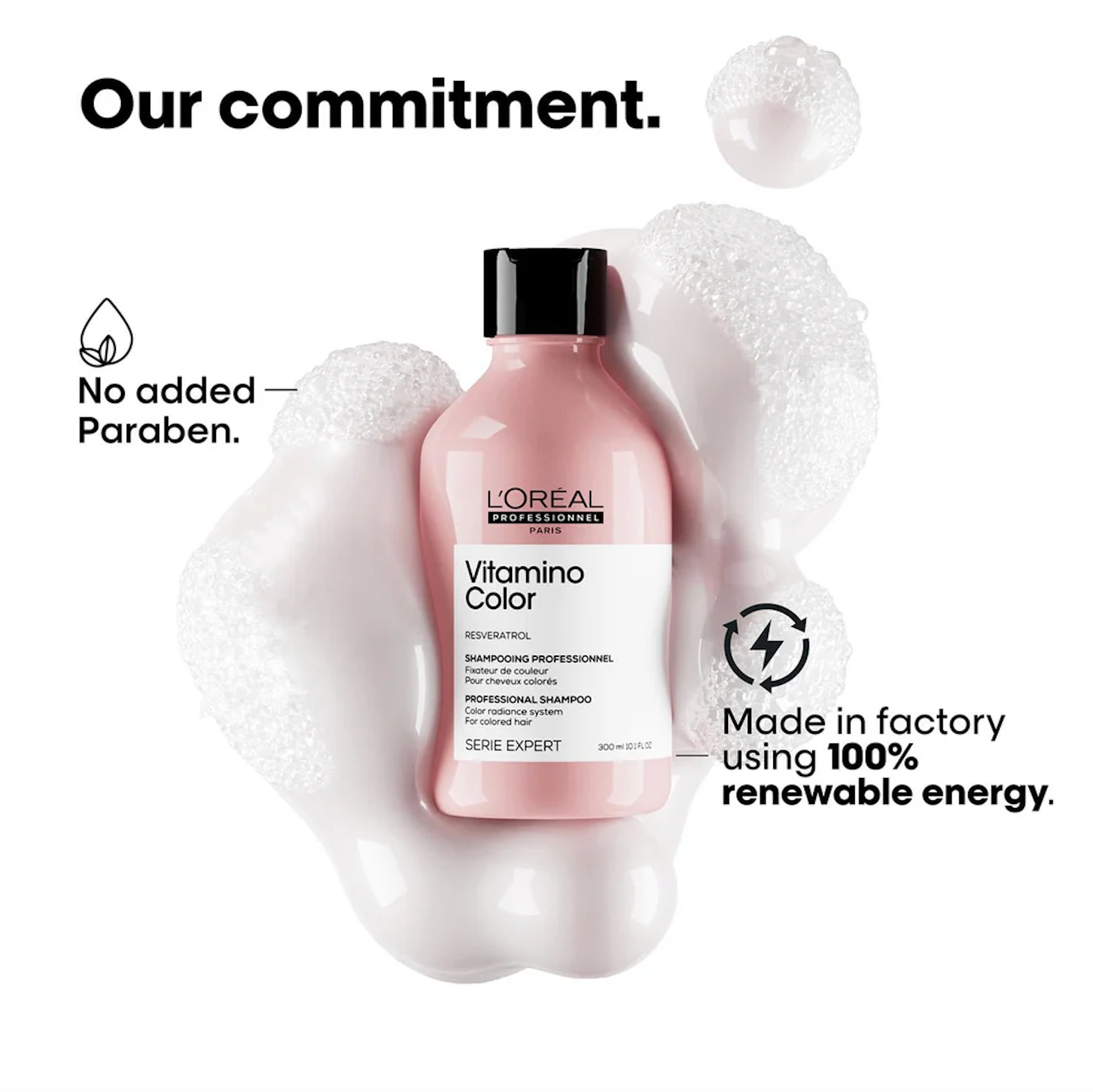 L'Oreal Vitamino Color shampoo bottle with eco-friendly claims on a white background