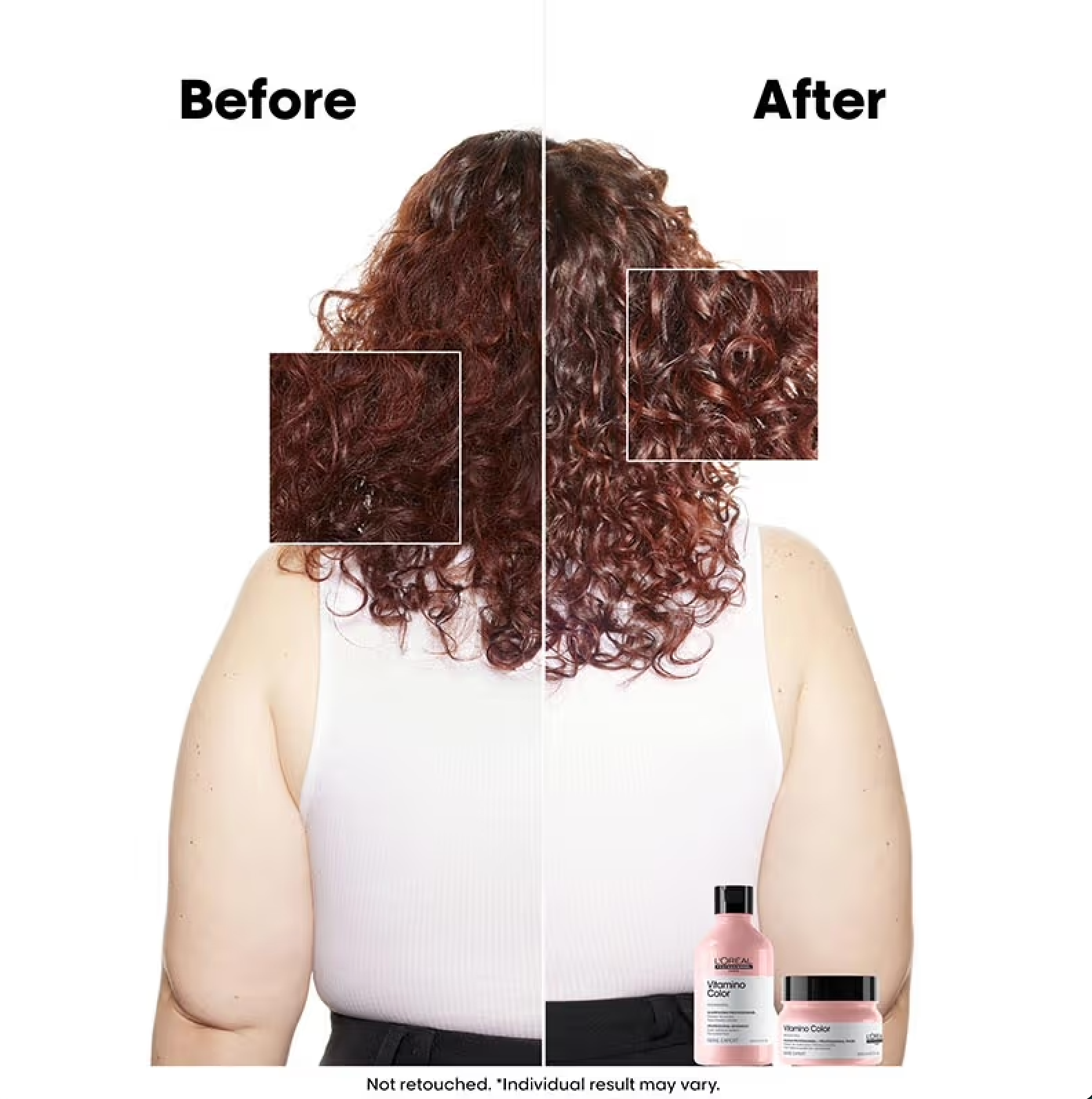 Before and after comparison of hair with a bottle of shampoo and conditioner.