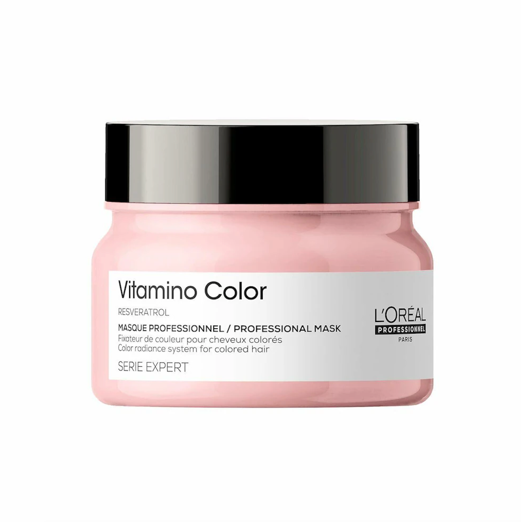L'Oreal Vitamino Color hair mask jar on a white background