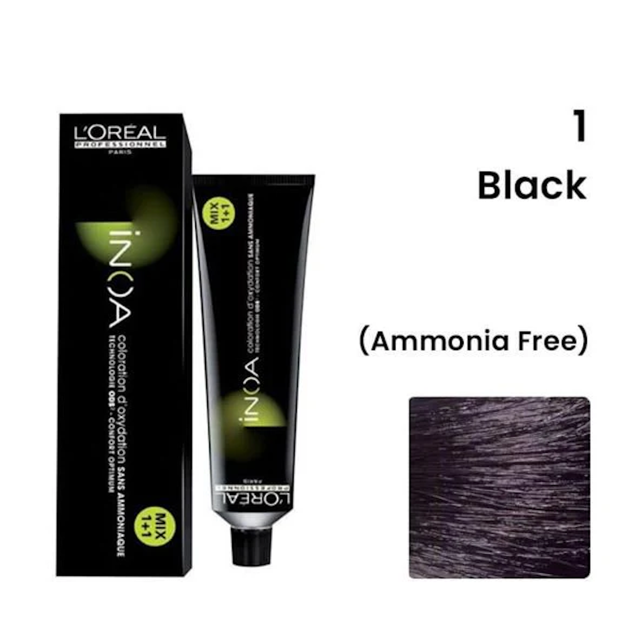 L'Oreal Inoa hair color tube and packaging with ammonia-free label on a white background