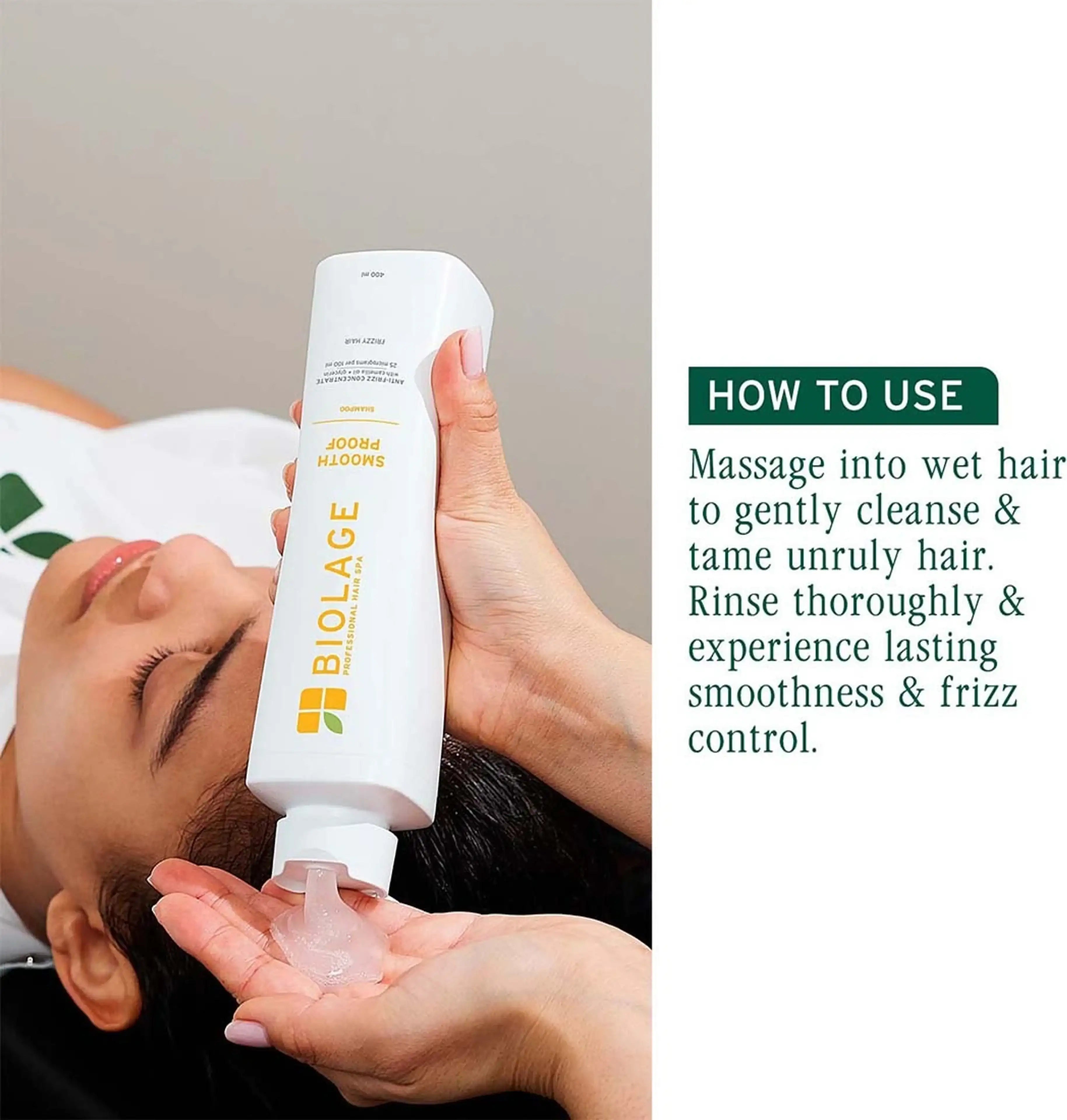Person applying Biolage shampoo to hair with text on how to use the product.