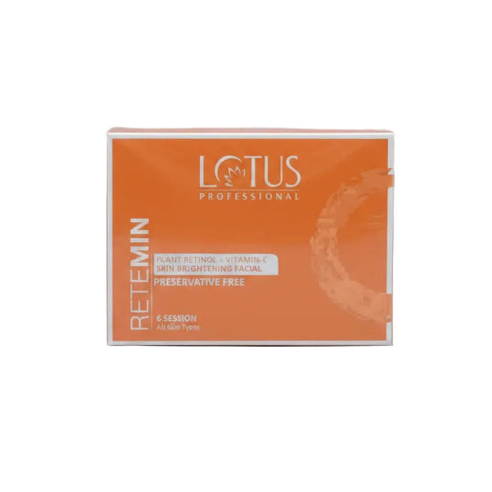 LOTUS PROFESSIONAL RETEMIN facial treatment box in orange and white, showing text for plant retinol and vitamin C skin brightening facial preservative free.
