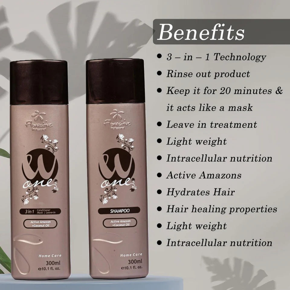 Two bottles of W-One shampoo with benefits listed on a gray background