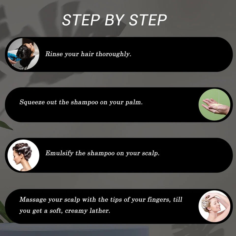 Step-by-step guide on how to use shampoo with icons and text.