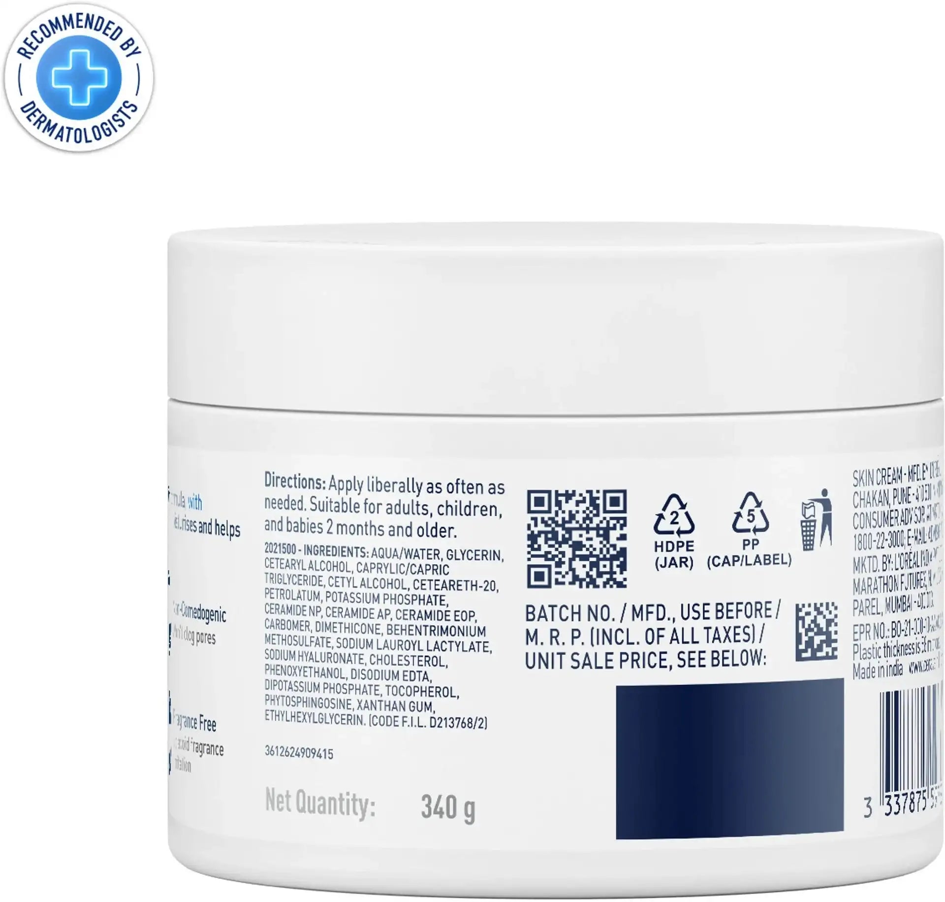 CeraVe Moisturizer For Dry Skin, Barrier Repair Cream with Ceramides, Dermatologist recommended – 340 gm CeraVe