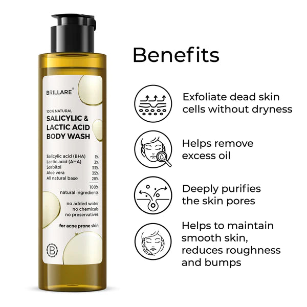 Brillare 100 % natural salicylic & lactuic acid Body Wash 200ml -acne prone skin