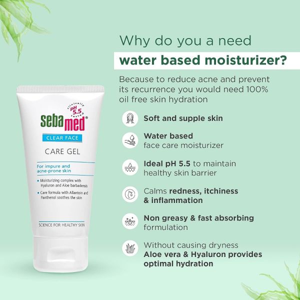 Sebamed Clear Face Care Gel 50ml|PH 5.5|Acne prone skin|Hyaluron & Aloe vera|Water based moisturiser