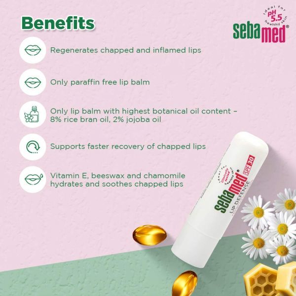Sebamed Lip Defense 4.8 gm, For dry and chapped lips, With SPF 30, With Jojoba Oil and Vitamin E