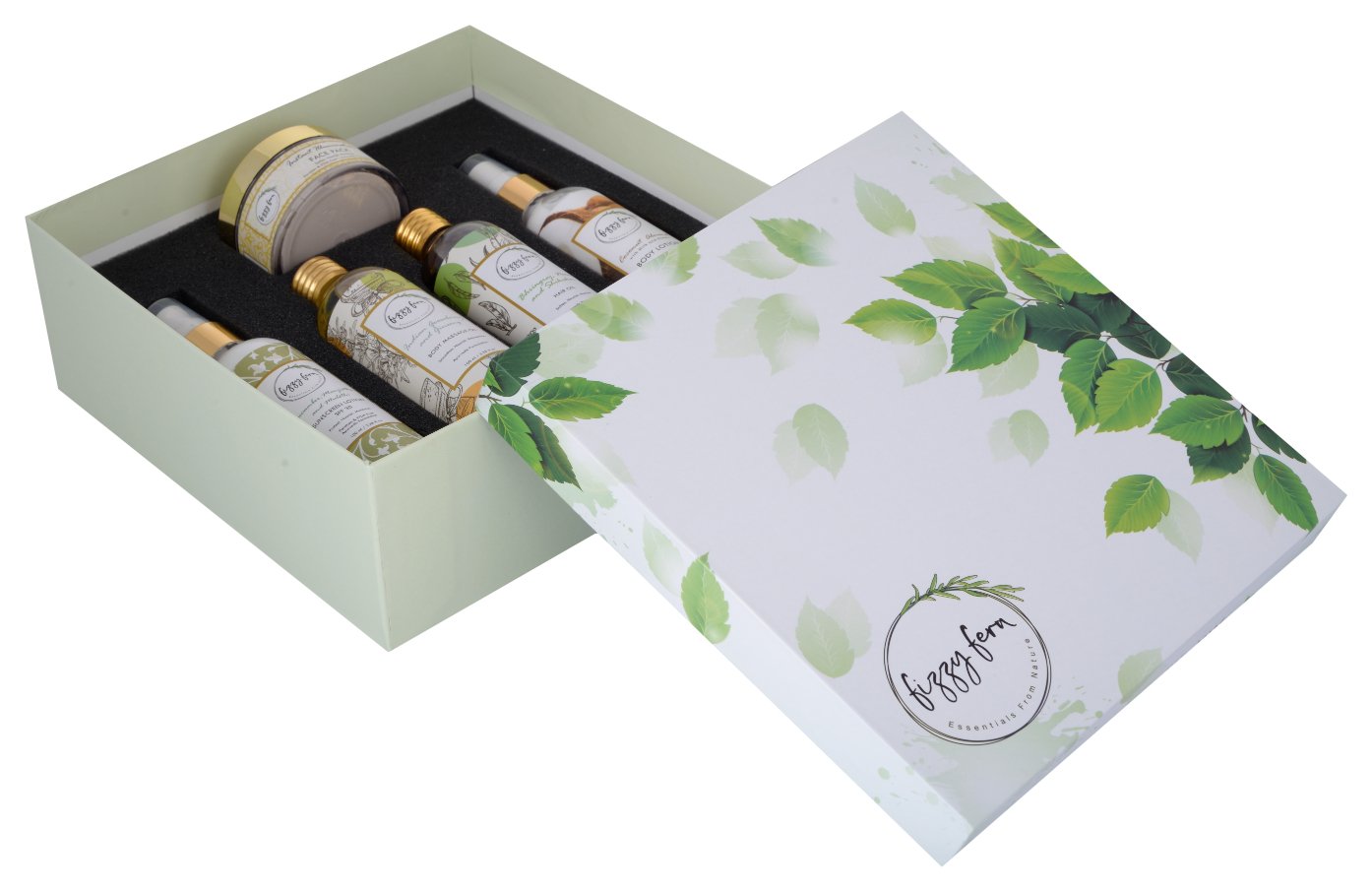 Fizzy Fern Spa at Home Gift Box (Body Massage Oil, Hair Oil, Face Pack, Body Lotion & Sunscreen) - Niram