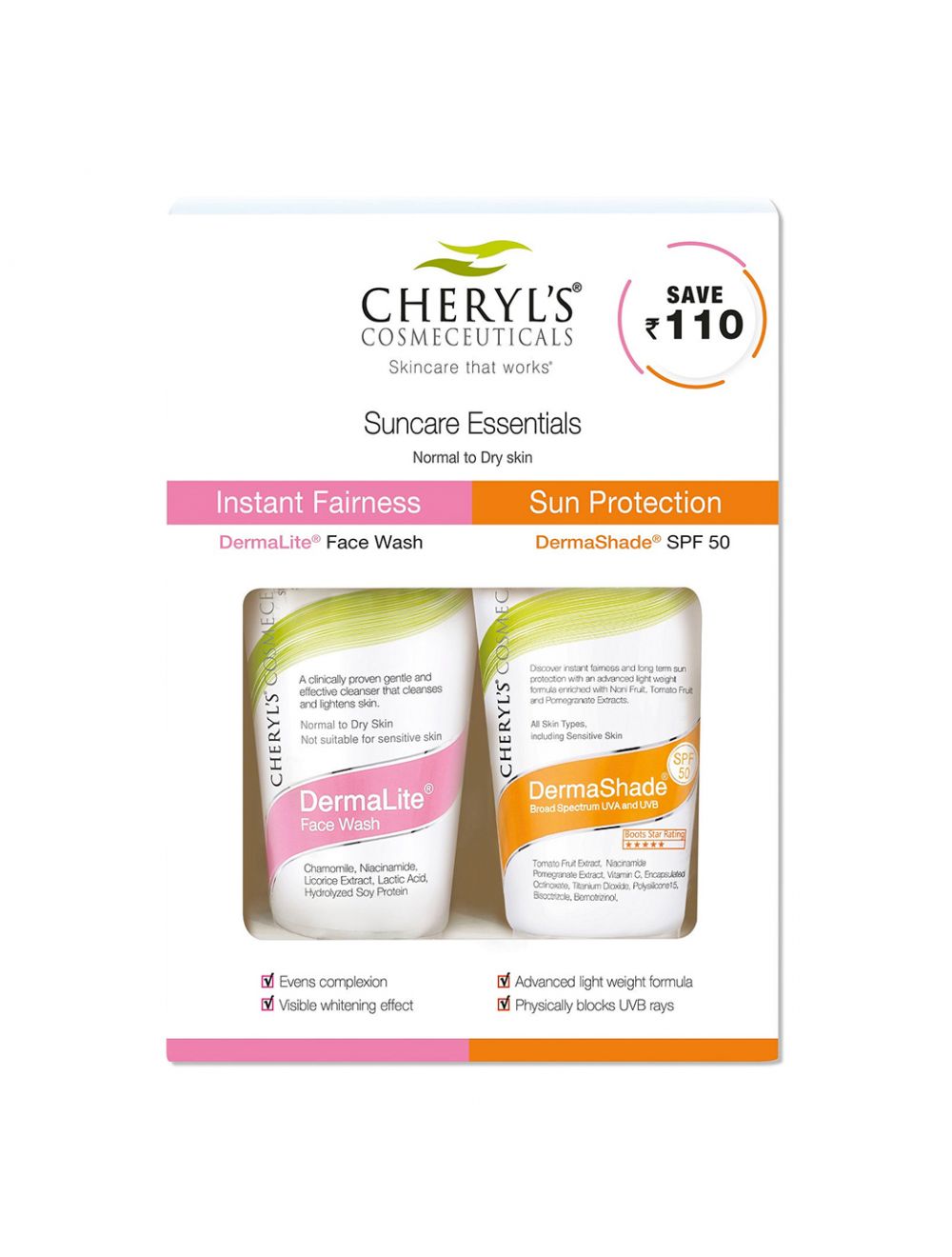 Cheryls Cosmeceuticals Facewash & Sun Protection SPF 50 - Normal to Dry Skin (50gm+50ml)